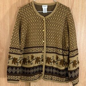 Liz Baker 80’s Fall Leaves Patterned Cardigan Sweater - Tan and Brown